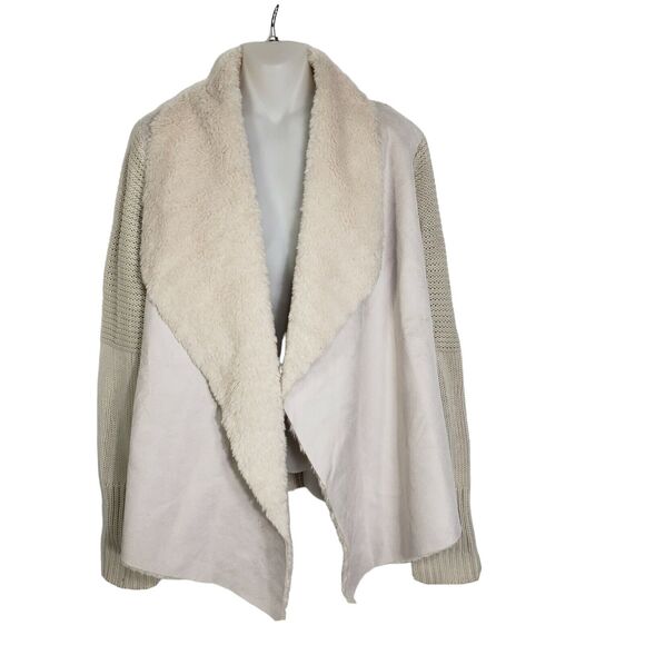 Chelsea & Theodore Cardigan Sweater Size XL Beige Faux-Fur Suede Open-Front Knit - Picture 1 of 9
